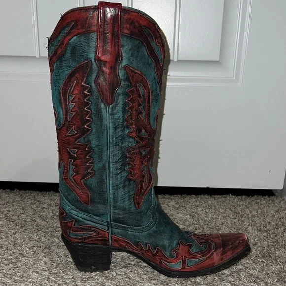 Corral Distressed Turquoise and Red Eagle Boots - Picture 7 of 12